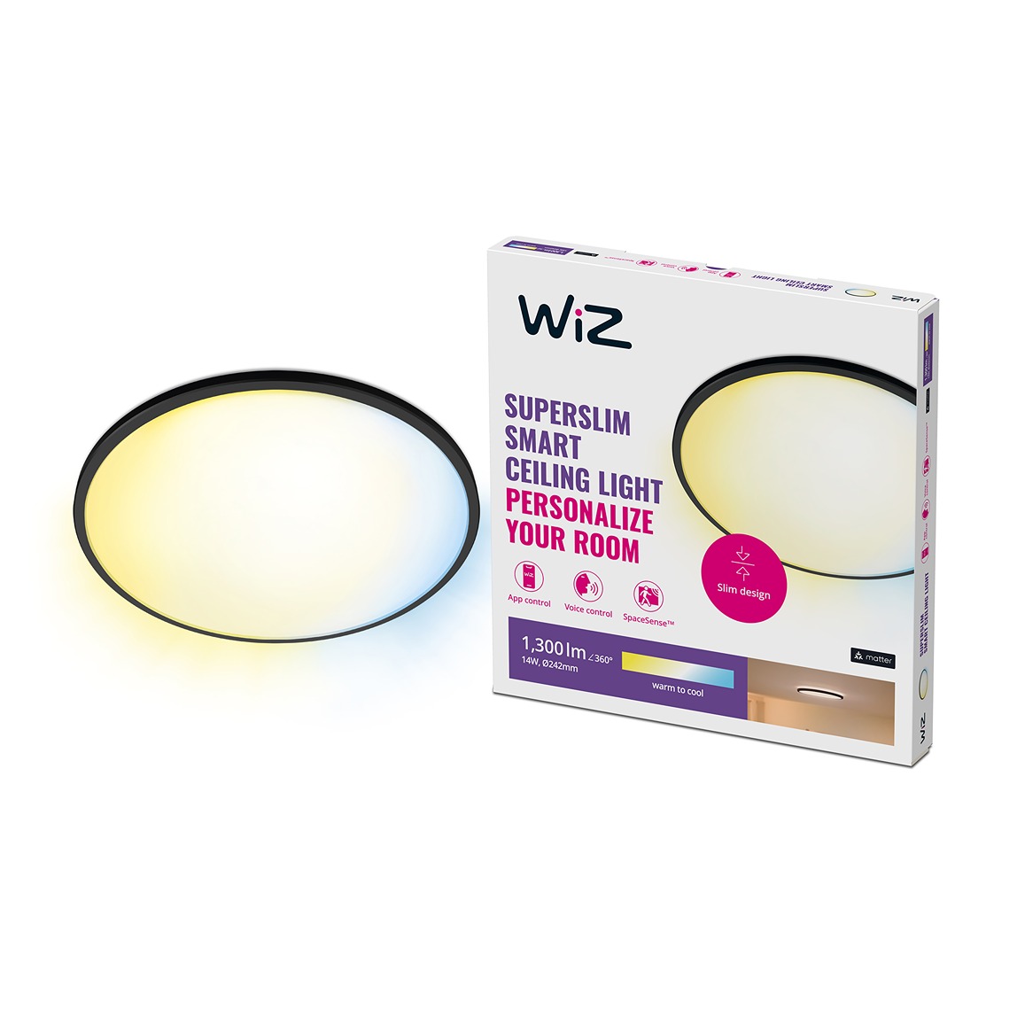 WiZ Plafonniere SuperSlim noir - Ampoule LED intelligente - Chaud à blanc froid - LED intégré - 14W - Wi-Fi