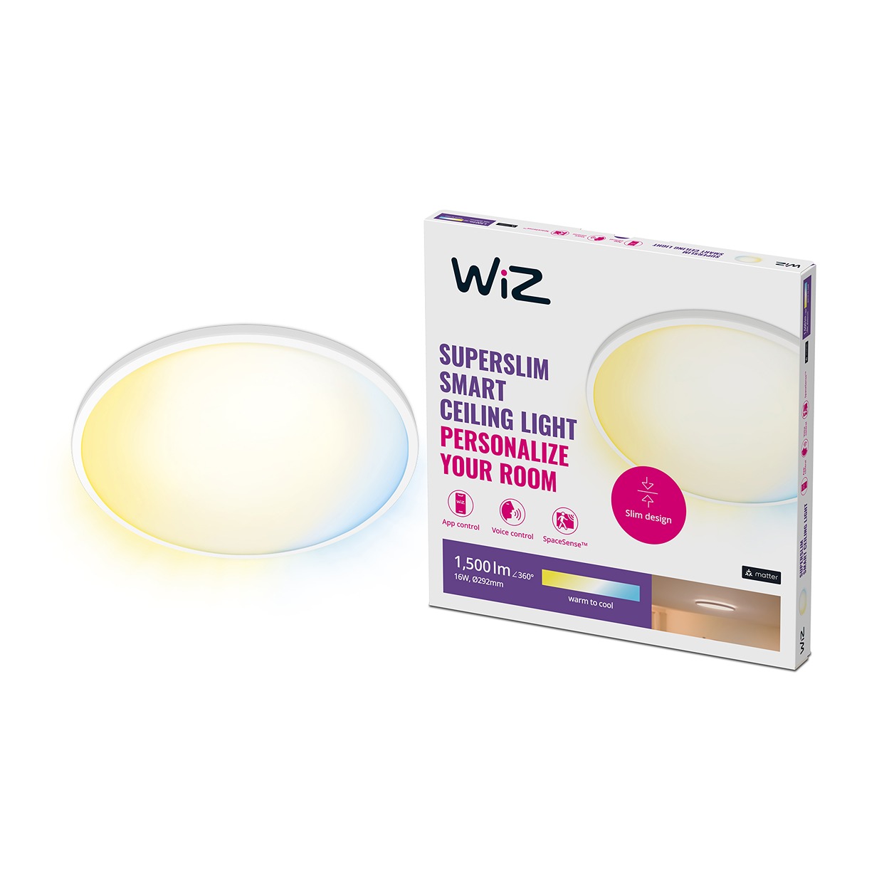 WiZ Plafonniere SuperSlim blanc - Ampoule LED intelligente - Chaud à blanc froid - GLED intégré - 16W - Wi-Fi