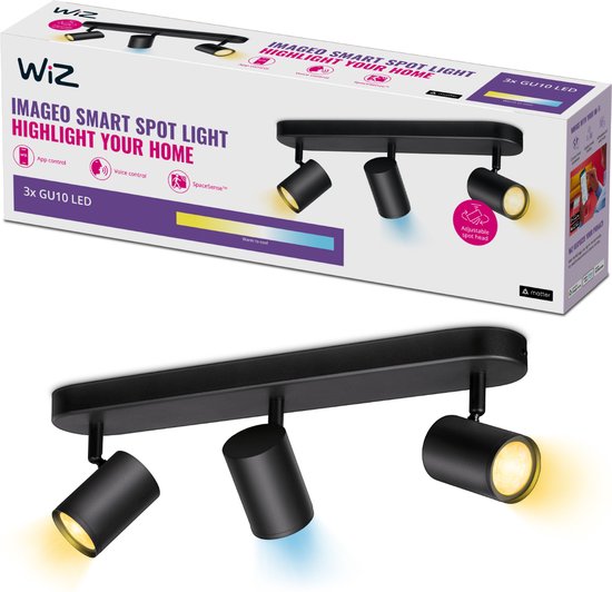 WiZ spot plafond/mur Imageo noir 3 spots - Ampoule LED intelligente - Chaud - blanc froid - GU10 - 3x 5W - Wi-Fi
