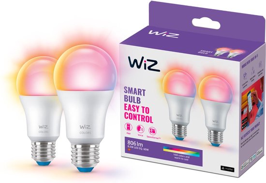 WiZ Lamp 2-pack - Slimme LED-Verlichting - Gekleurd en Wit Licht - E27 - 60W - Mat - Wi-Fi