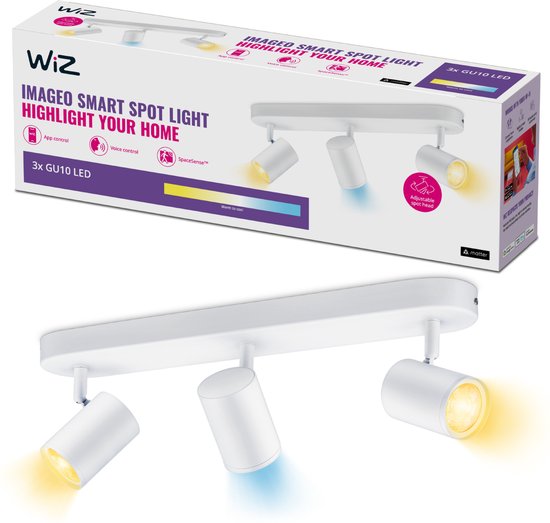 WiZ spot plafond/mur Imageo blanc 3 spots - Ampoule LED intelligente - Chaud - blanc froid - GU10 - 3x 5W - Wi-Fi