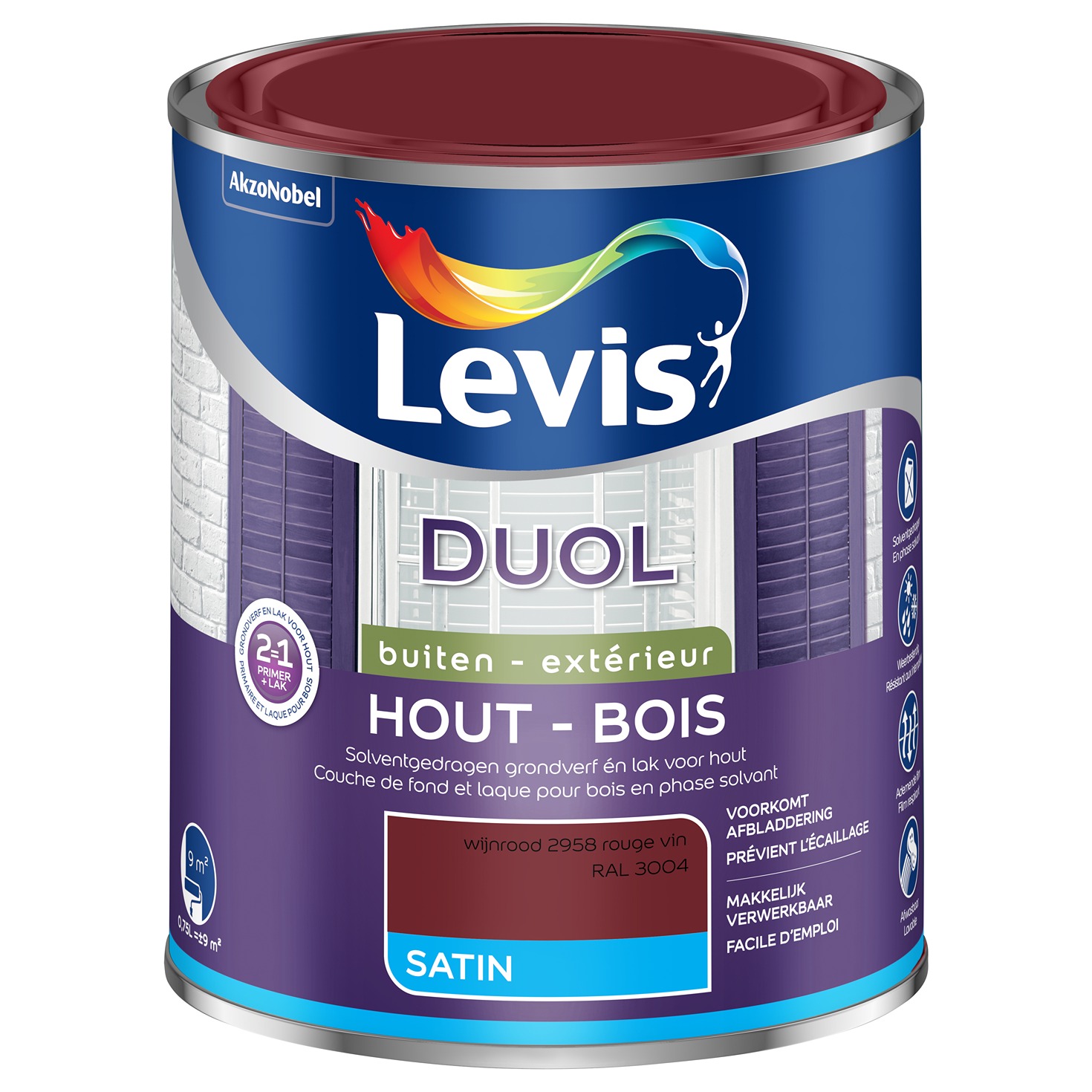 Levis Duol Hout Buiten Satin 0.75l Wijnrood