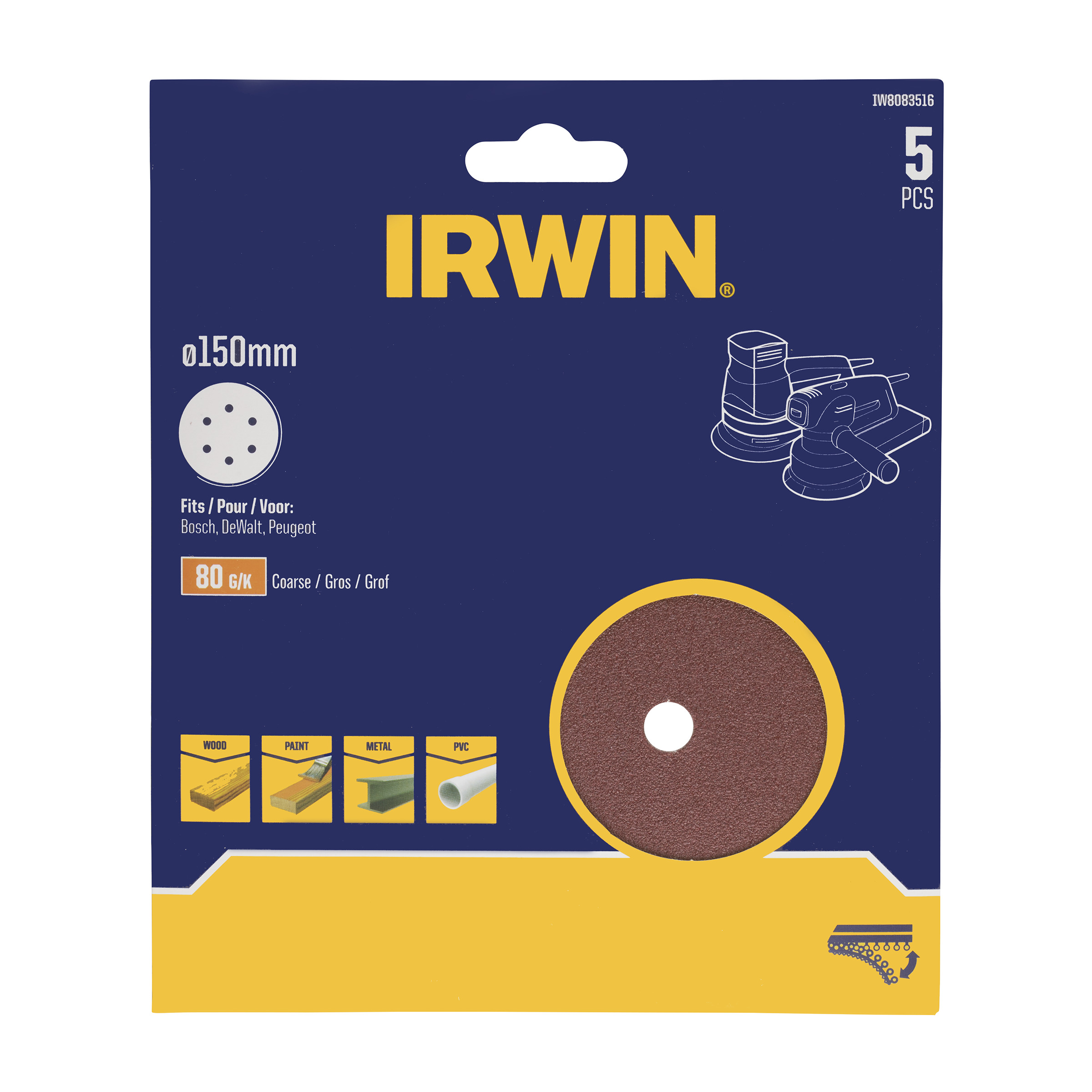 Irwin disques abrasives 150mm K80 excentriquesavec velcro