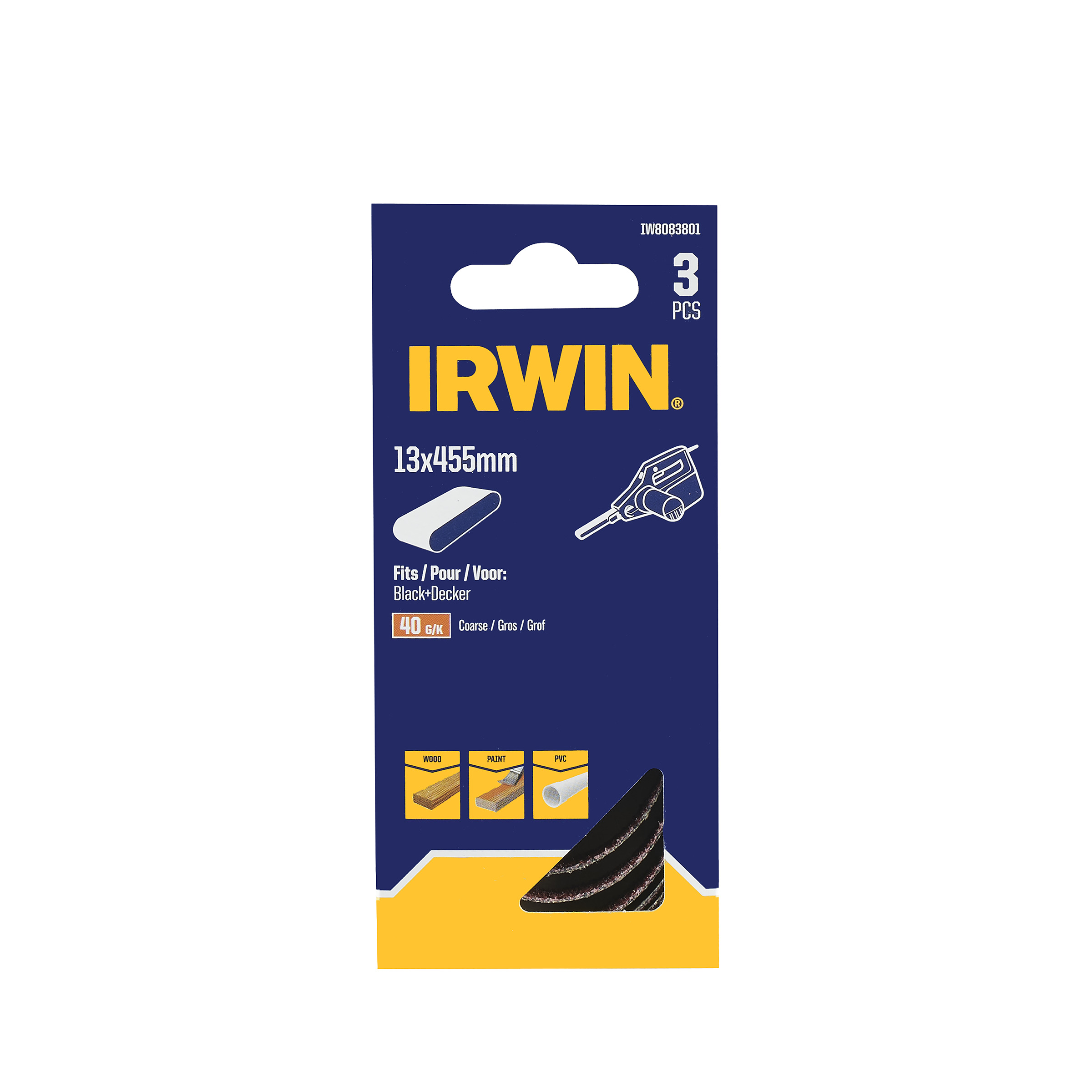 Irwin bande abrasive 3 pièces 13x455mm K40 Black+Decker