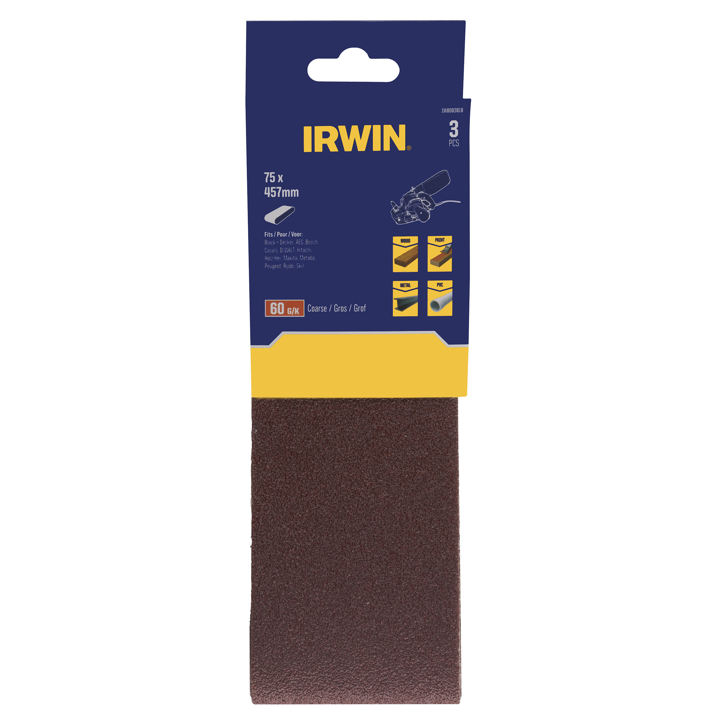 Irwin bandes abrasives 3pcs 75X457mm K60 (toutes les marques)