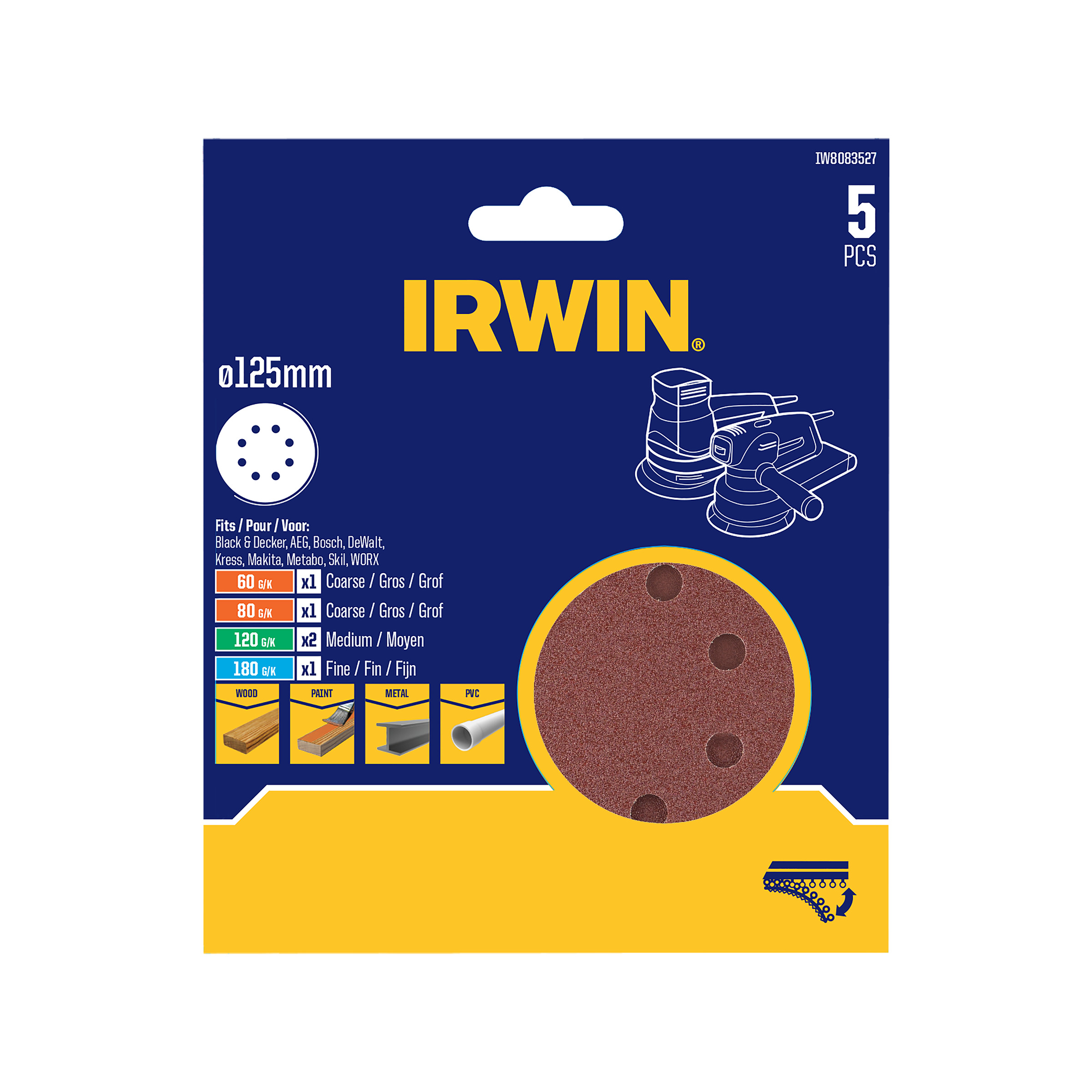 Set de disques abrasifs Irwin 150 mm 5 pièces 1x K60 - 1x K80 - 2x K120