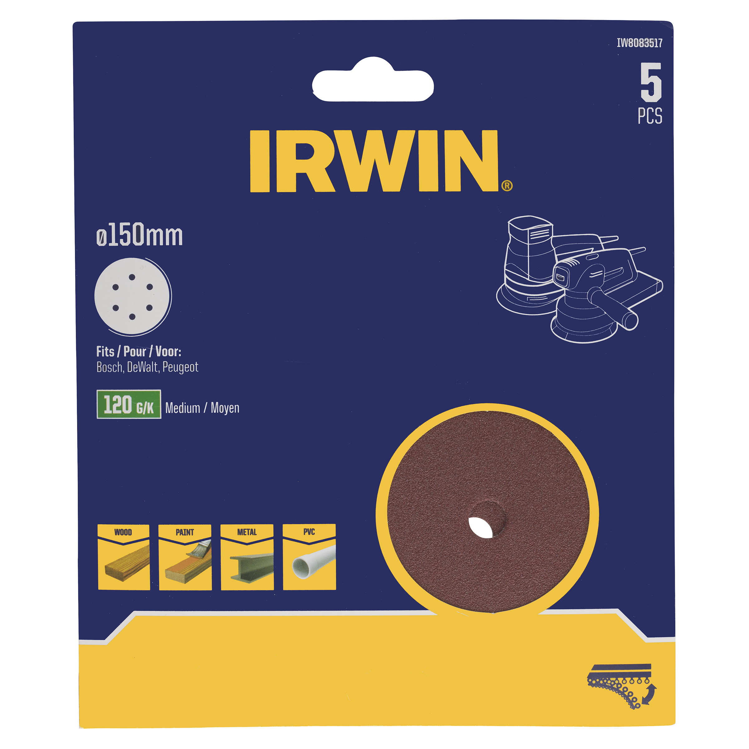 Irwin disques abrasives 150mm K120 excentriques avec velcro