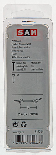 CROCHET DE CONTREVENT ACIER INOX. 1 PC 4,0 X 60 MM