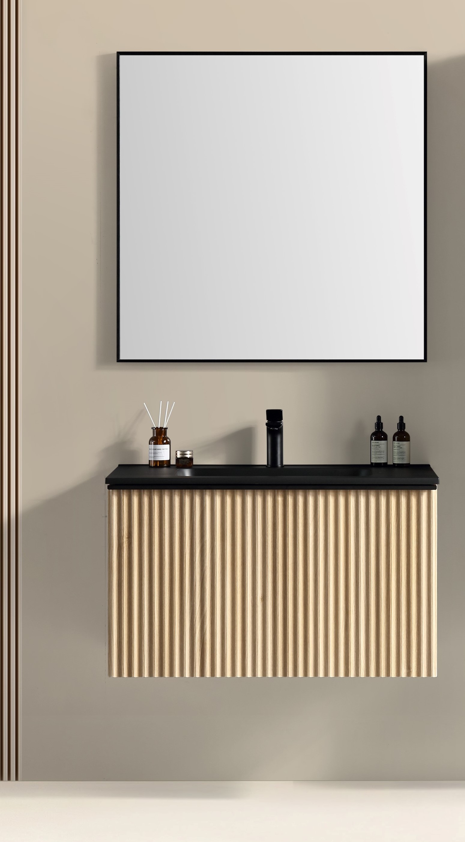 Sanimar 600800 Brunella onderkast + wastafel zwart + spiegel 80 cm - eiken