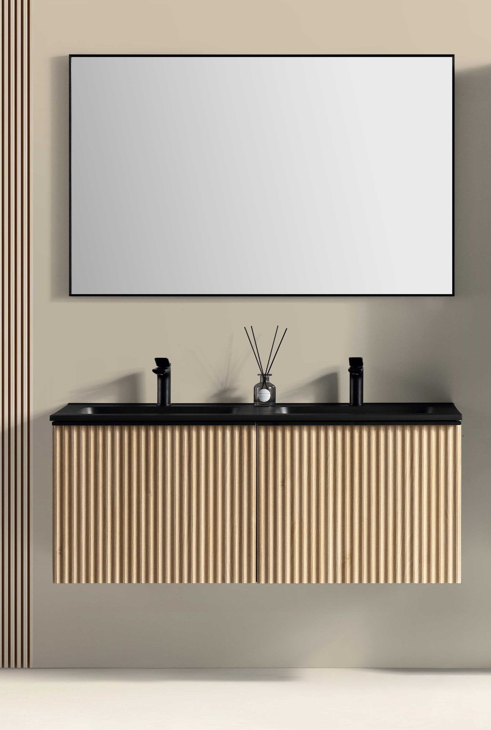Sanimar 600805 Brunella onderkast + wastafel zwart + spiegel 120 cm - eiken