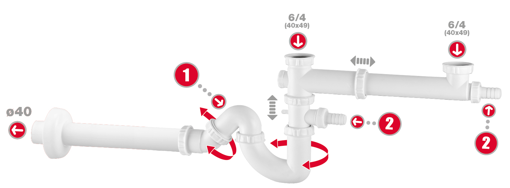 1 Siphon tubulaire pour évier (1 bac) 6/4" x 40 mm - Synthétique