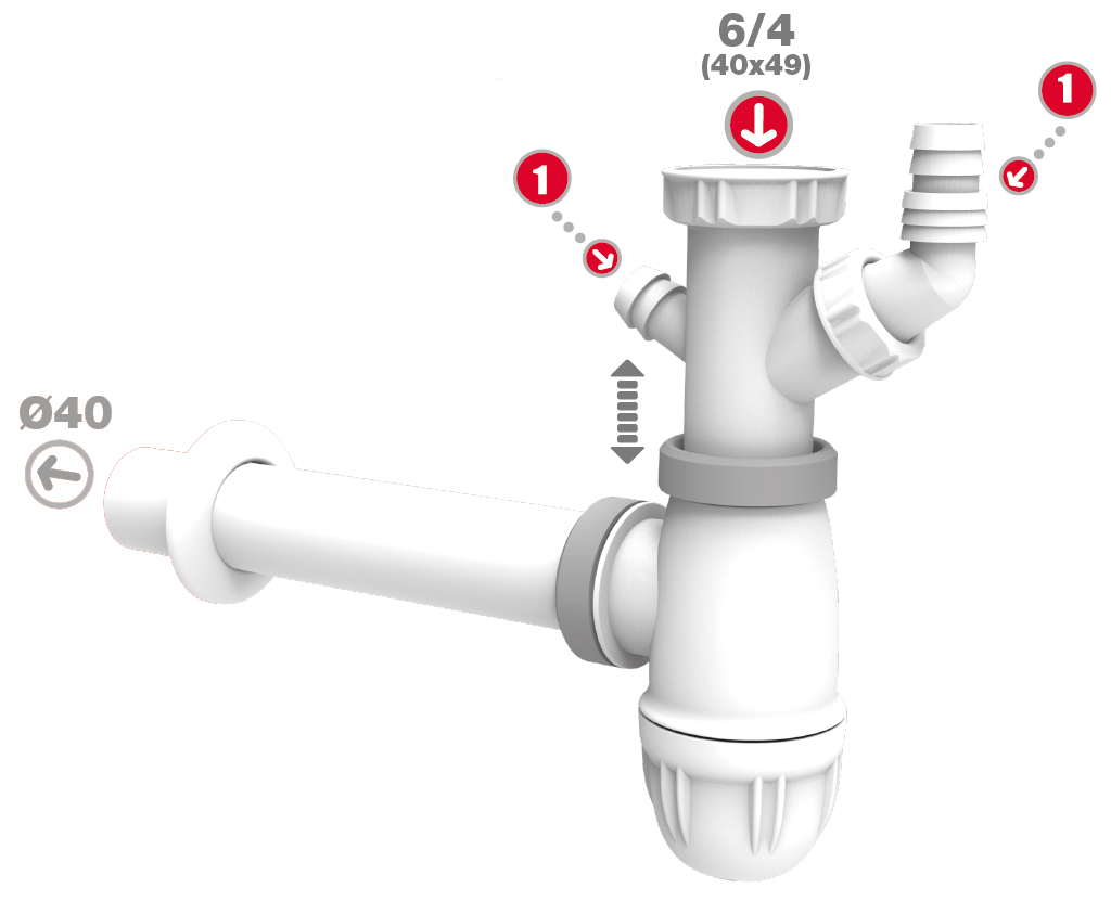 1 Siphon pour évier (1 bac) 6/4" x 40 mm - Polypropylène