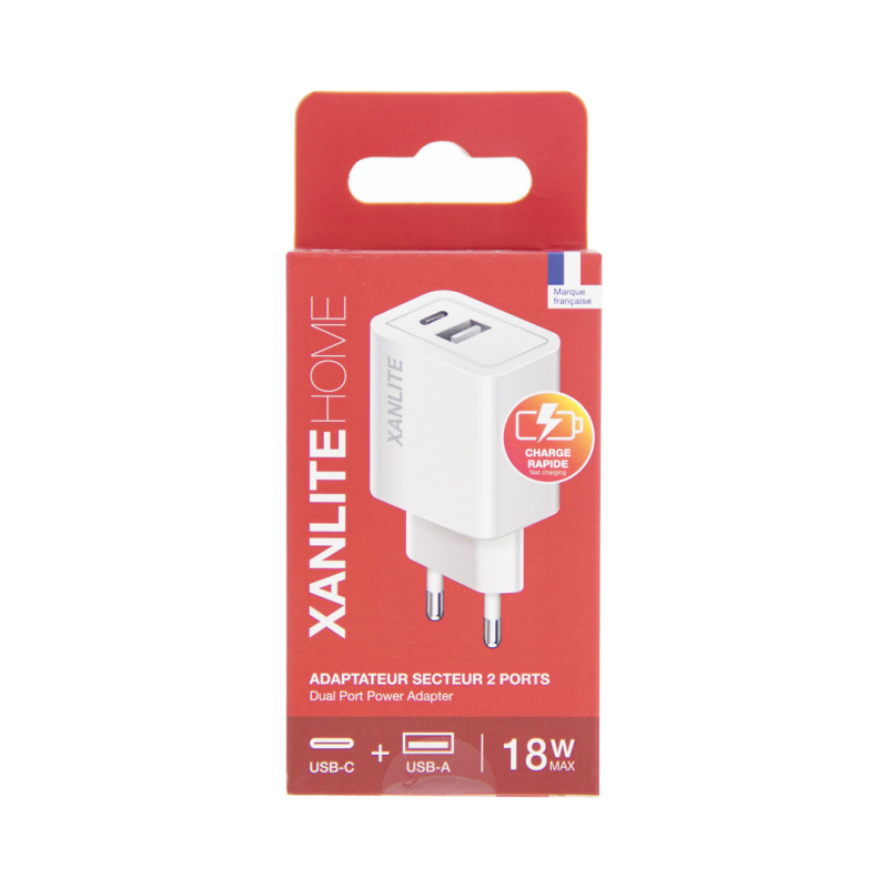 Xanlite USB lader 18W USB-A + USB-A wit