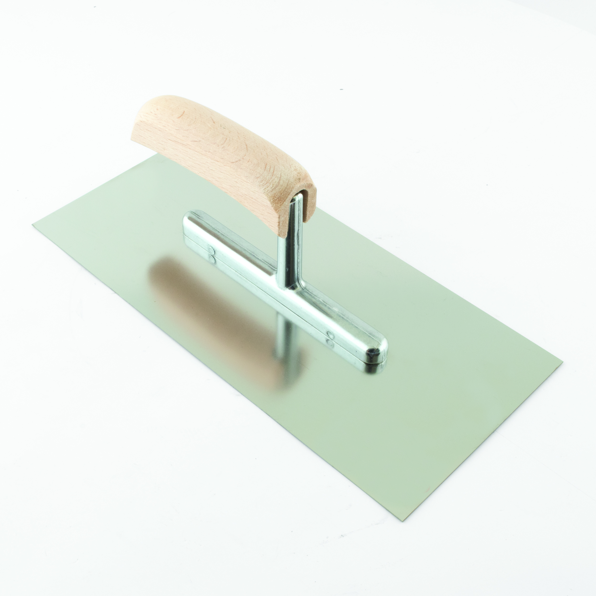 Plakspaan 280 x 130 x 0,7 mm met gebogen houten handgreep professioneel - inox