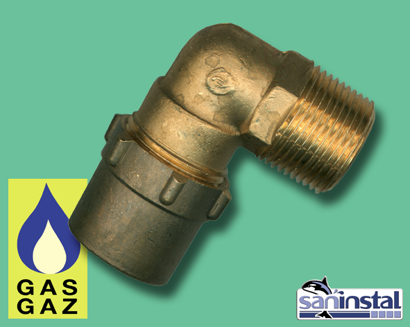 1 Bicône coude 90° pour gaz 15 mm x 1/2" M - laiton
