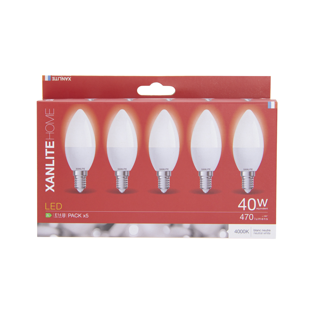 Xanlite 5x SMD LED kaarslampen opaal E14 - 470 lm (=40W) - 4000k - koel wit licht