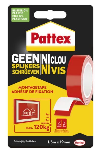 Pattex Ni Clou Ni Vis Tape 120 kg Interieur Et Exterieur Blanc 19Mmx1,5m