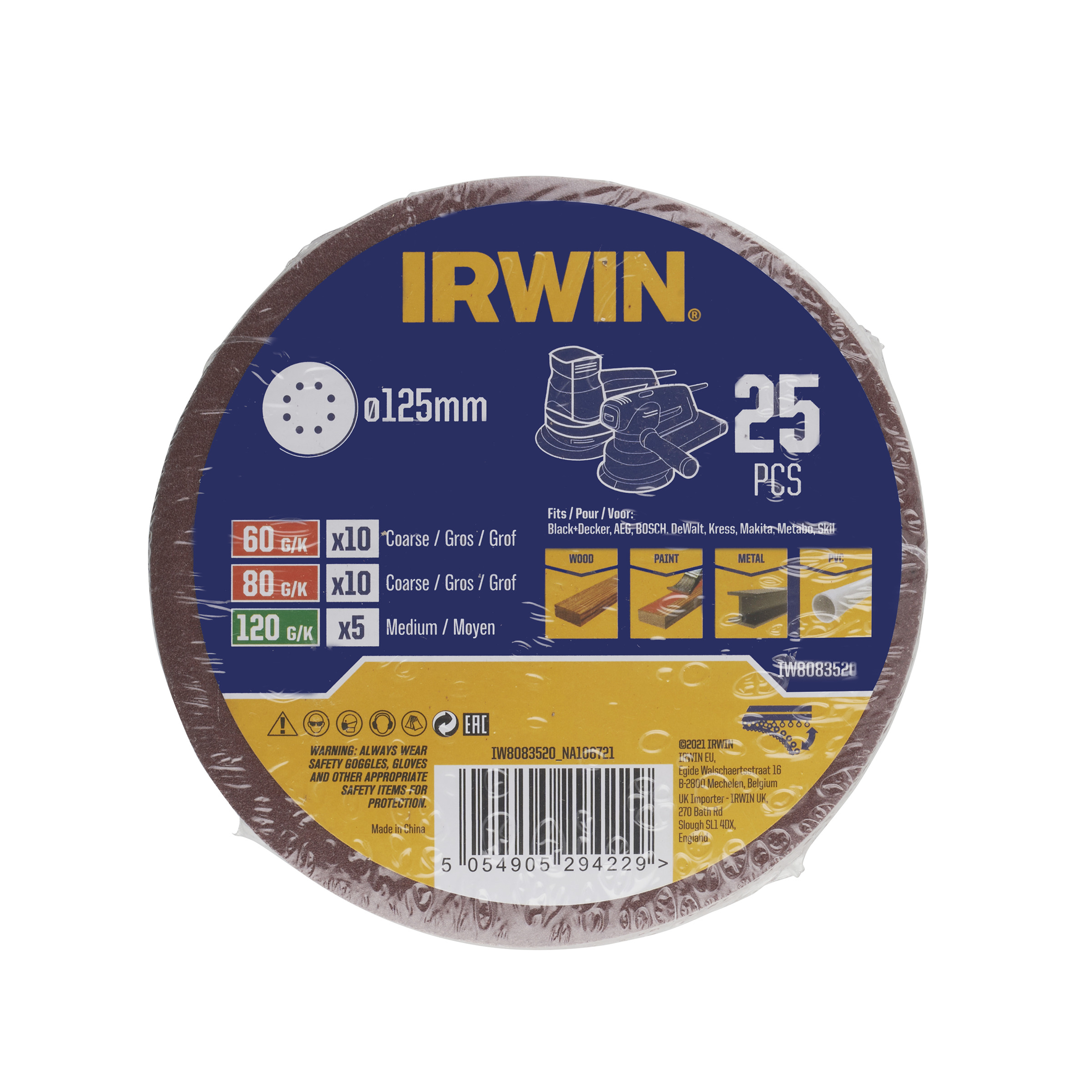 Irwin ensemble de disques abrasives 125 mm 25 pièces